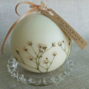 Vela Esférica com Flores Desidratadas Prensadas – Cera Vegetal & Pavio de Algodão