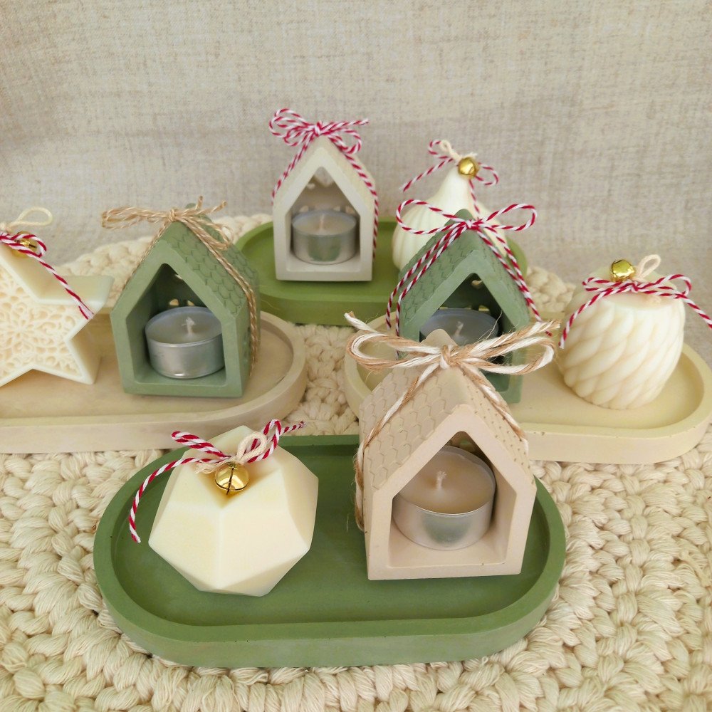 Gift Box - Casinha Luminária & Vela Natalina 2 Conjunto artesanal com casinha e bandeja em EcoMármore e vela em cera de coco 100% vegetal. Um toque de luz e afeto para o Natal.