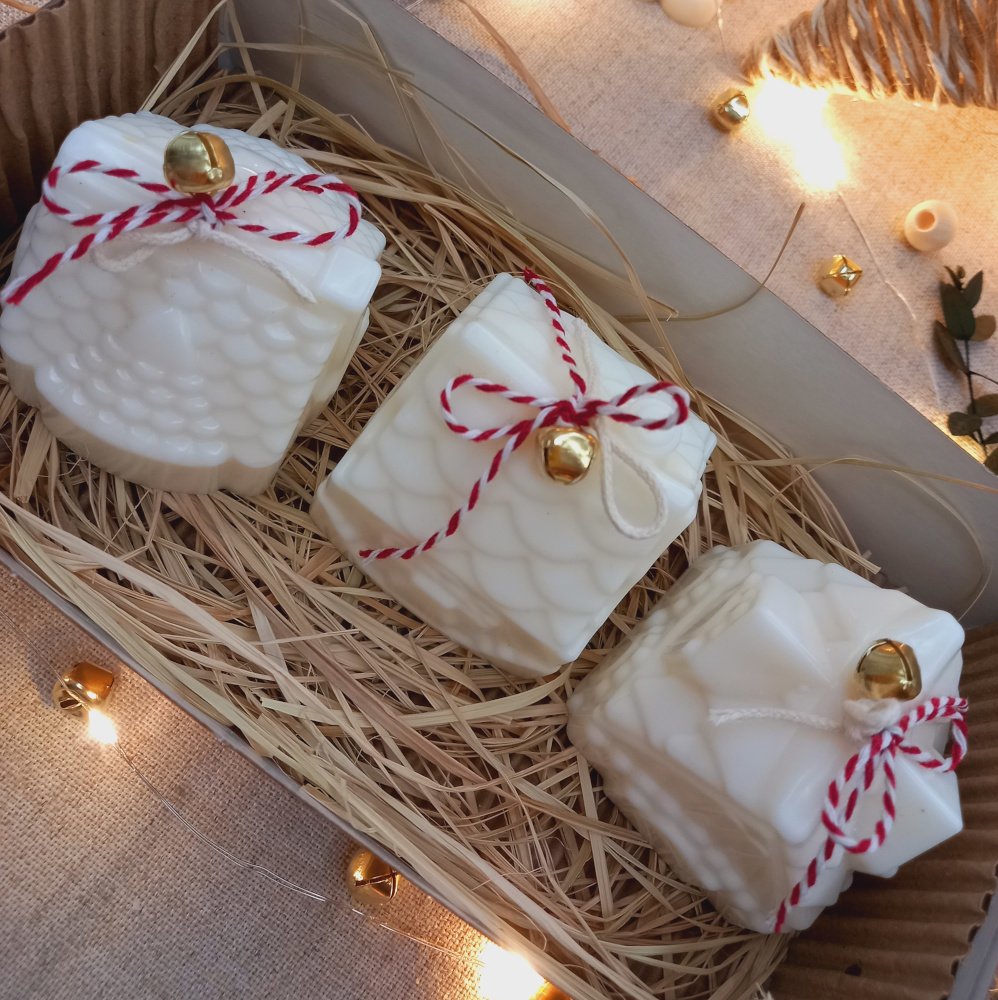 Gift Box Casinhas de Natal — Velas Decorativas Artesanais 2 Gift Box Casinhas de Natal Conjunto com três velas artesanais em formato de casinha, feitas à mão com cera vegetal. Um presente delicado e cheio de encanto para iluminar o Natal com aconchego e beleza natural.